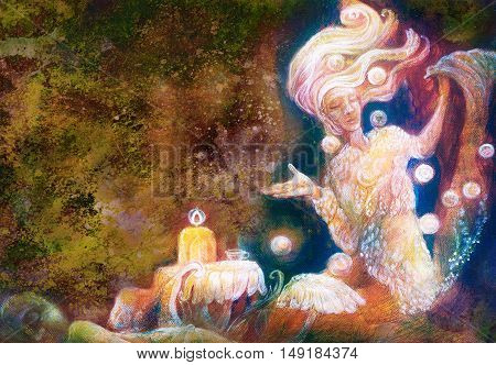 magical radiant fairy spirit in forest dwelling making floating lights.