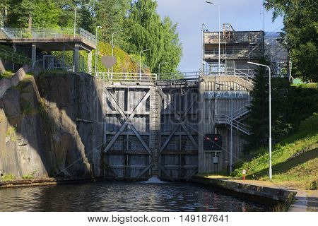 The old sluice gates on the Saimaa canal close up. Finland