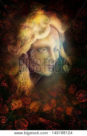 fairytale fairy woman face on abstract background with ornaments.