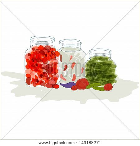 Vector illustration of three various preserved food