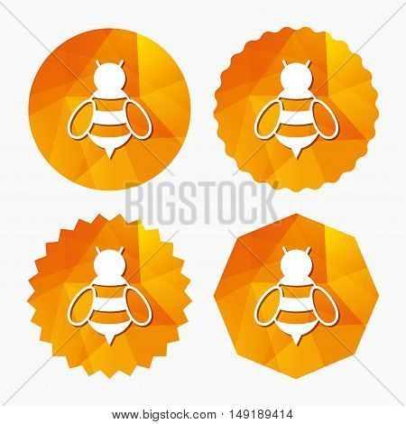 Bee sign icon. Honeybee or apis with wings symbol. Flying insect. Triangular low poly buttons with flat icon. Vector