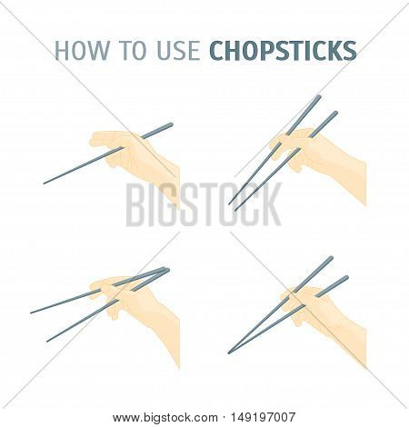 How To Use Chopsticks Direction. Traditional Oriental Culture. Flat Design Style. Vector illustration