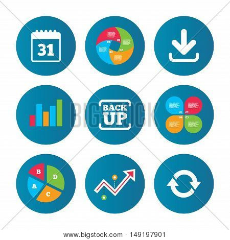Business pie chart. Growth curve. Presentation buttons. Download and Backup data icons. Calendar and rotation arrows sign symbols. Data analysis. Vector