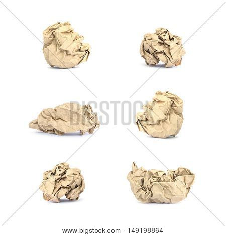 Closeup group of brown crumpled paper isolated on white background