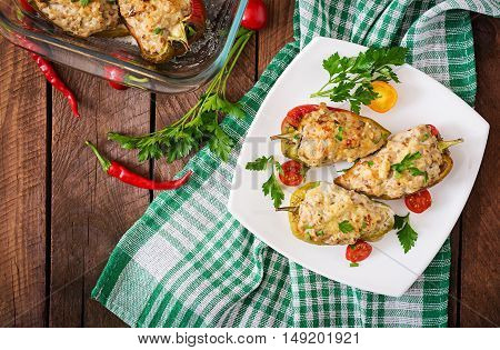 Stuffed Peppers Minced Chicken With Pepper Chilli With Tomat. Top View
