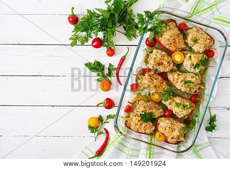 Stuffed Peppers Minced Chicken With Pepper Chilli With Tomat. Top View