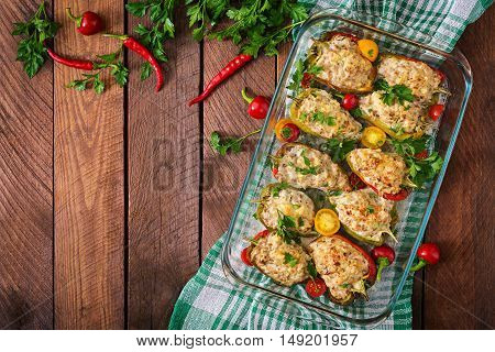 Stuffed Peppers Minced Chicken With Pepper Chilli With Tomat. Top View
