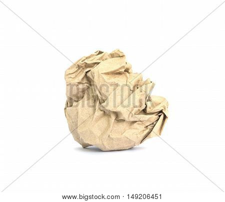 Closeup brown crumpled paper isolated on white background with clipping path