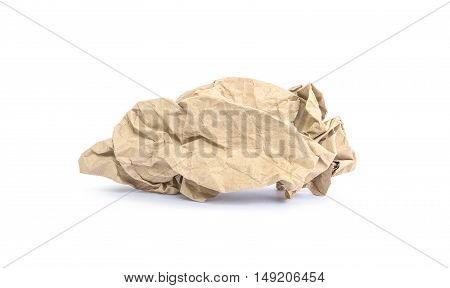 Closeup brown crumpled paper isolated on white background with clipping path