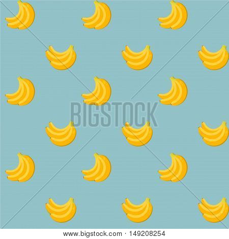 Banana vector flat seamless pattern. The branch of ripe yellow bananas on blue background. Raw vegan food.