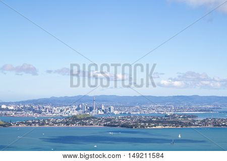 Auckland, New Zealand - April 19, 2015: City skyline as seen from volcano Rangitoto