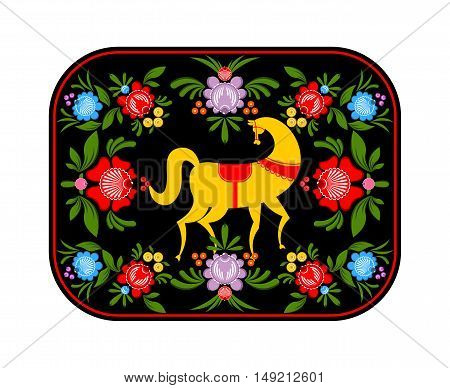 Gorodets Painting Yellow Horse And Floral Elements. Russian National Folk Craft. Traditional Decorat