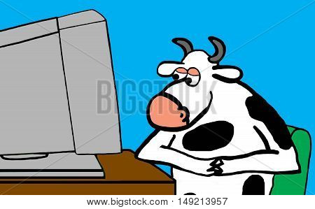Color illustration of a cow looking at a computer.