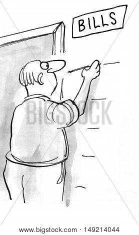 B&W illustration showing the man measuring how high his bills have gotten.