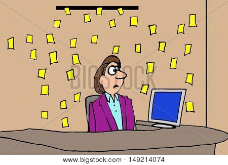 Business color illustration showing a businesswoman dismayed by all the sticky yellow notes floating onto her desk.