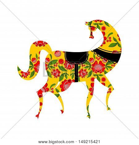 Gorodets Painting Black Horse And Floral Elements. Russian National Folk Craft. Traditional Decorati