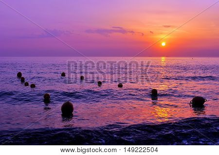 purple sunset shoreline with and lines of buoys on water