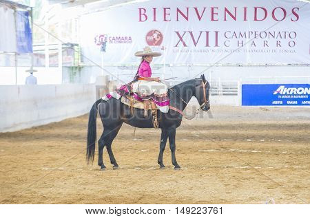 GUADALAJARA MEXICO - SEP 01 : Charra participates at the 23rd International Mariachi & Charros festival in Guadalajara Mexico on September 01 2016.