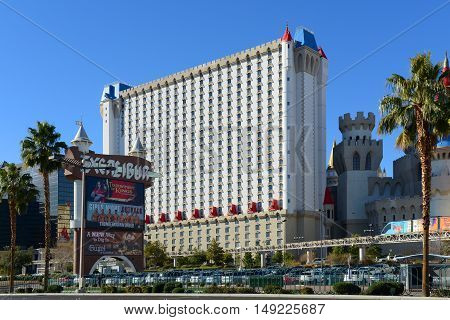 LAS VEGAS - DEC 25, 2015: Excalibur Hotel and Casino on Las Vegas Strip in Las Vegas, Nevada, USA. The Medieval theme of the hotel is named after the mythical sword of King Arthur.