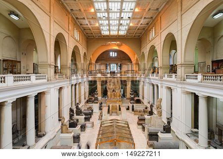 CAIRO, EGYPT - 02 JANUARY 2016 : Wide angle interior view of Egyptian Museum in Cairo.

