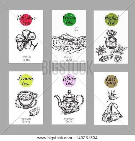 Tea label set with hibiscus green herbal lemon white and earl grey tea descriptions vector illustration