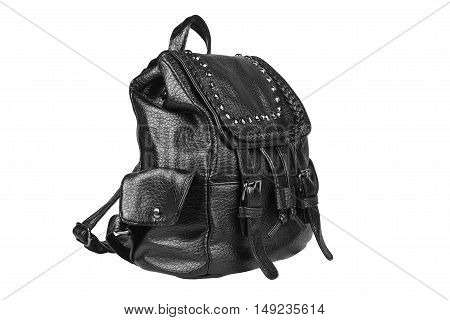 luxury leather black hand bag with diamond studs sling and dual small side bag for women on white and side view isolated included clipping path