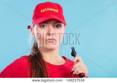 Lifeguard Woman In Cap On Duty With Whistle.