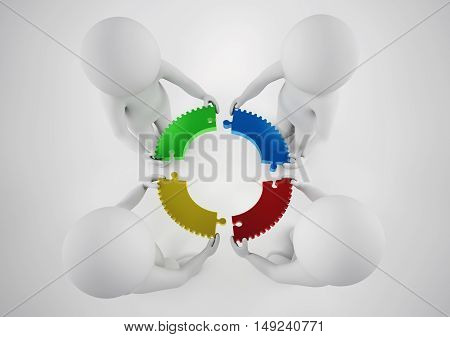 White businesspeople build a company with puzzle. Concept of parthership and teamwork. 3D rendering.
