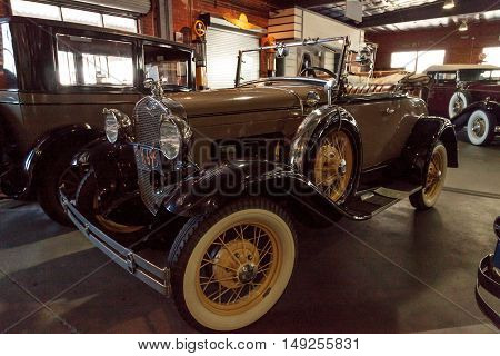 El Segundo, CA, USA - September 26, 2016: 1931 Ford Model A Roadster with a quail hood ornament displayed at the Automobile Driving Museum in El Segundo, California, United States. Editorial use only.