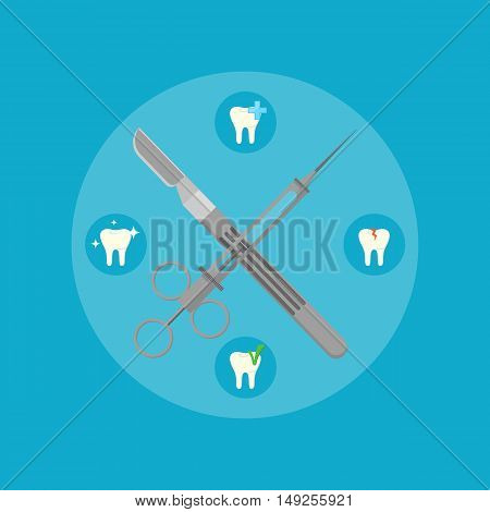 Dental tools infographic with tooth icon and special dental tools instrument. Dentist tools. Dental treatment concept. Tooth care and restoration. Dentist office equipment. Healthcare equipment. Poster for dentist office or dentist ad. Dental care concept