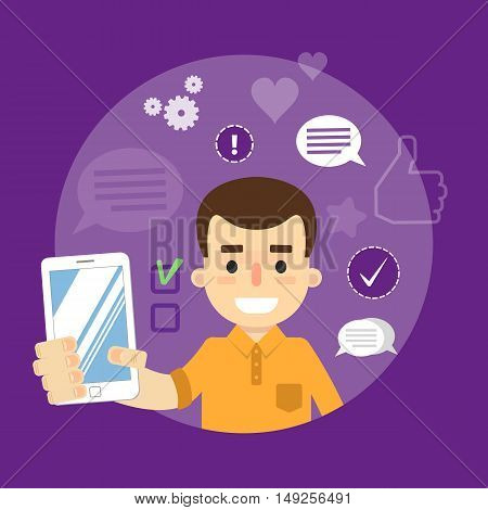 Smiling cartoon boy holding smartphone on perpl background with communication icons, vector illustration. Social media concept. Connecting people, chatting, international network, media app