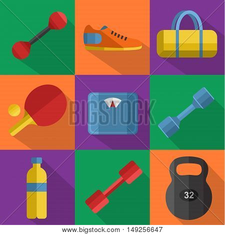 Vector illustration of gym sports equipment icons set. Weight, bag, sports shoes, ping pong paddle, bottle, dumbbell and weigher on color background. Different sport tools. Flat signs with long shadow