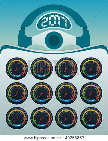 Calendar 2017 template with colorful speedometer dashboard and steering theme. Creative design elements for your calendar works. EPS 10 with category folders.
