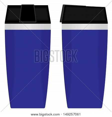 Blue Thermos bottle set isolated on white background.