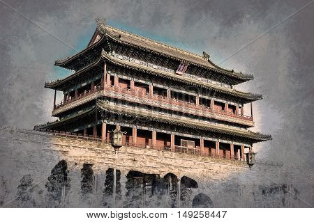 Beijing, China at the Zhengyangmen Gatehouse in Tiananmen Square. Beautiful historical building at sunset. Vintage painting, 