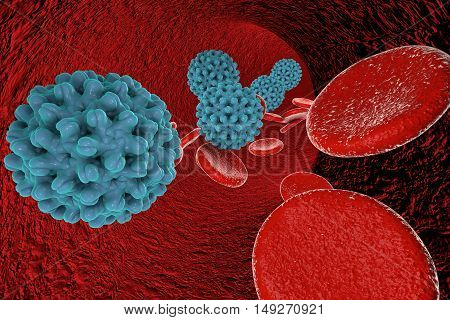 Hepatitis B virus in blood vessel with red blood cells, 3D illustration