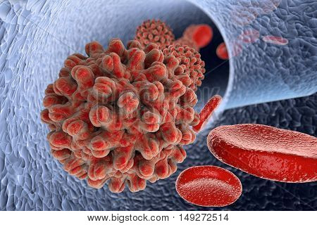 Hepatitis B virus in blood vessel with red blood cells, 3D illustration