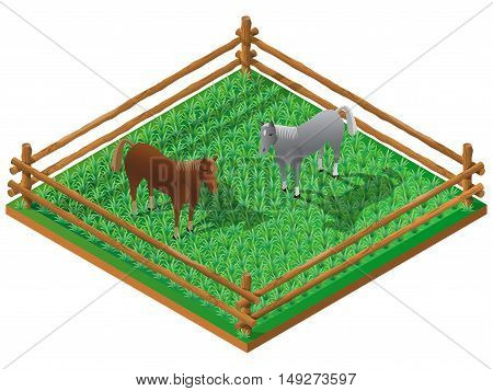 Two horses in pasture. 3D isometric view. Vector illustration.
