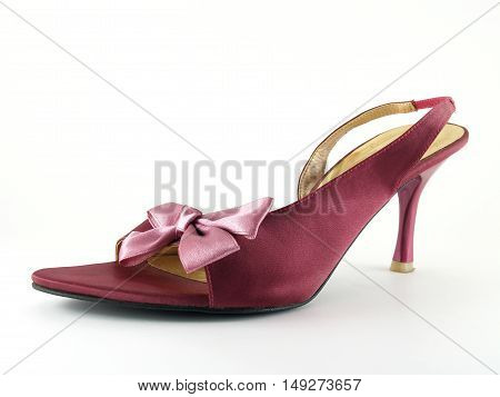 close up purple high heel shoe with fabric bow isolated on white background, women's shoes casual style