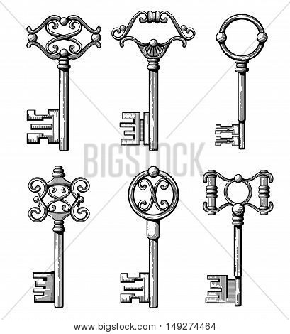 Vintage medieval keys, antique chaves vector illustration. Filigree key for access and open door