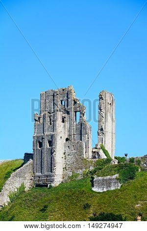 View of Corfe castle on the hilltop Corfe Dorset England UK Western Europe.