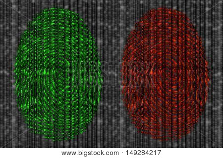 Red and green fingerprint revealing digital datastreams on a blurry grey background from zero and 1