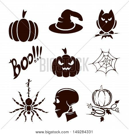 Halloween theme, set of scary holiday icons, isolated on white background, illustration.