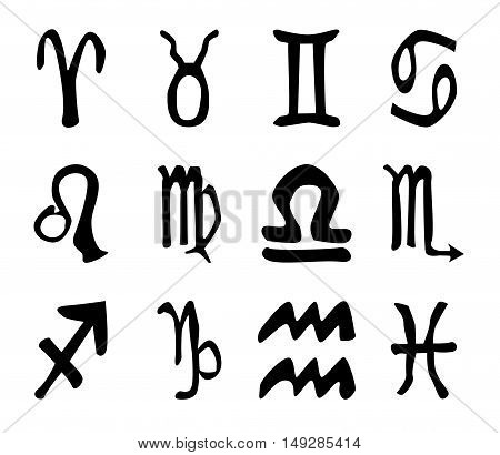 A collection of the twelve astrology sun signs isolated on white.