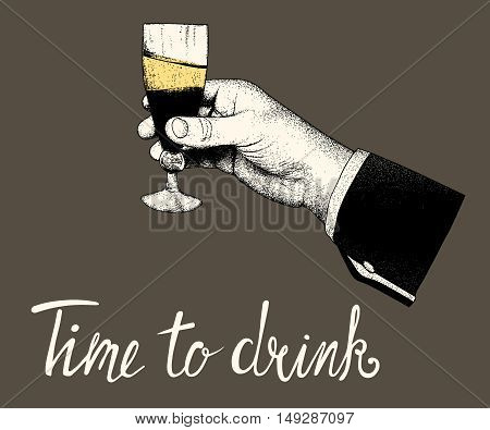 Woman hand hold a glass of of alcohol drink on black background.Vector vintage illustration