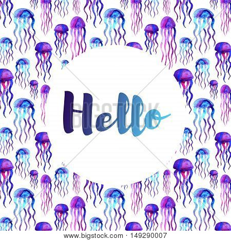 Greeting card with jellifish watercolor background. Hand made painting