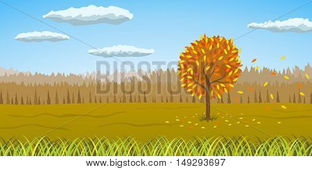 Autumnal orangy landscape with the tree turned yellow and falling leaves  vector illustration.