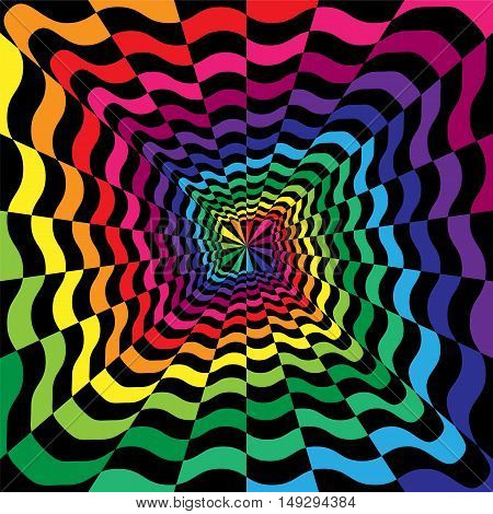 Vector Illustration. Colorful and Black Wavy Striped Spirals Expanding from the Center. Optical Illusion of Perspective. Suitable for textile fabric packaging and web design.