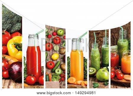 The collage fron images of bottles with fresh vegetable and kiwi fruit juices on wooden table. Detox diet.
