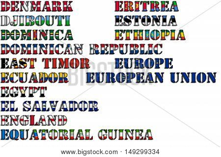 Country names in colors of national flags - full kit. Letters D, E.